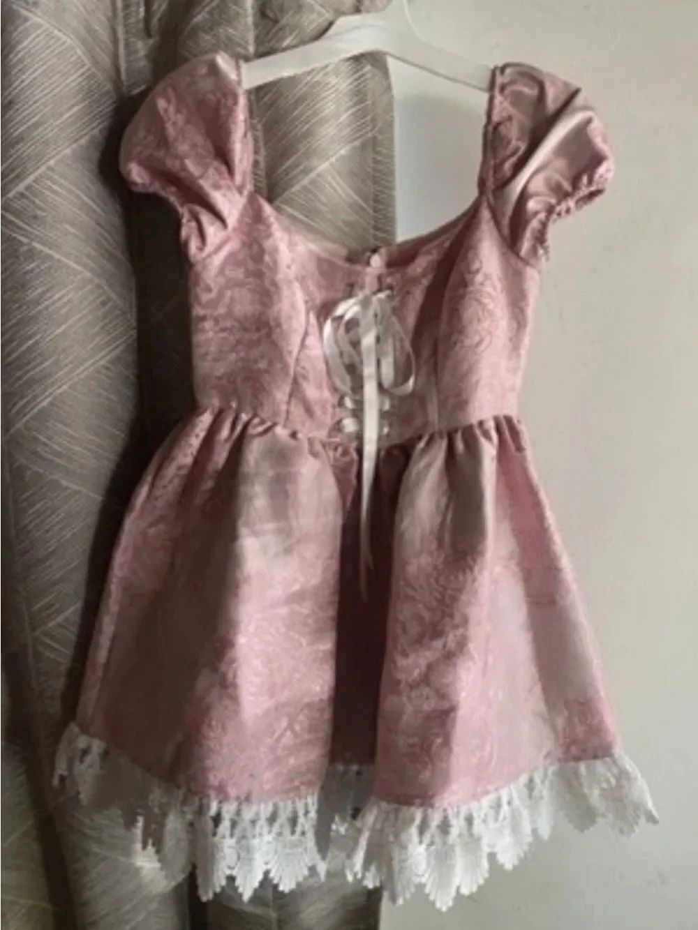 Sugar Thrillz Brocade Lace Trim Mini Dress Pink Corset Sz Small